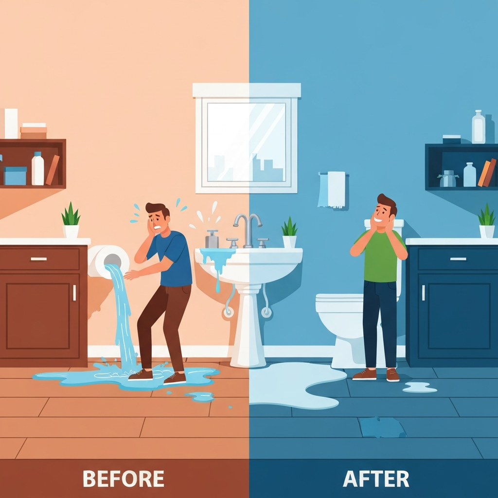 Thợ Sửa Ống Nước Quận 1 A dynamic 'before-and-after' visual presented as a split screen or side-by-side comparison. The 'before' side depicts a chaotic scene with water overflowing from a sink or toilet, causing a small puddle on the floor and visible stress for a homeowner figure. The 'after' side shows the exact same area now clean and dry, with the plumbing issue resolved and the homeowner looking relieved and content. The setting is a generic, urban home interior. Clean, modern flat illustration with contrasting colors to clearly differentiate the two states.
